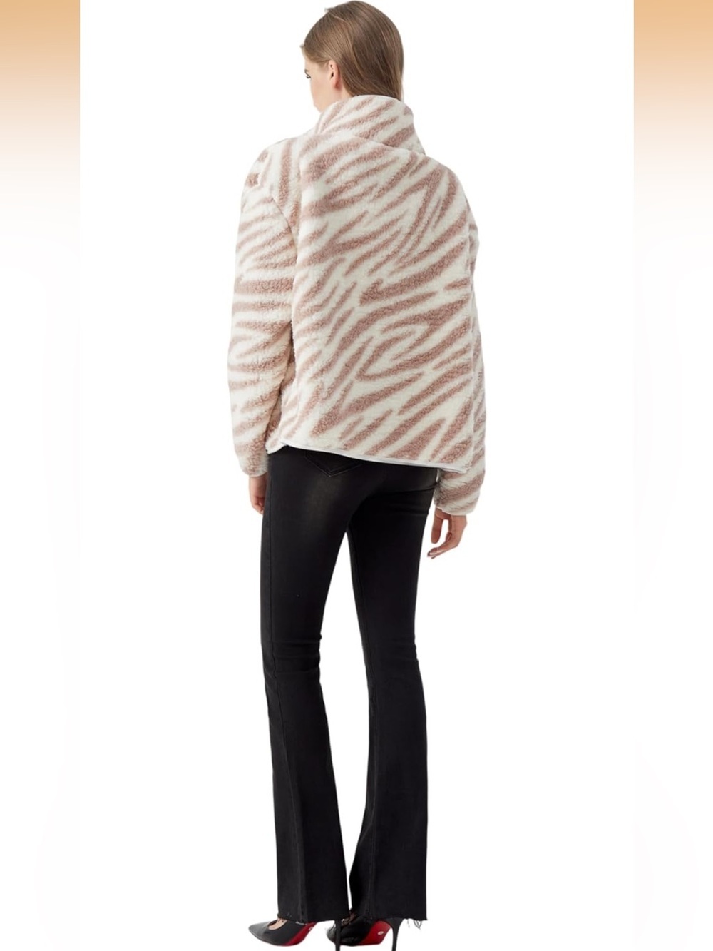 Women’s White & Tan Zebra Teddy Jacket Half-Zip Pullover - Picture 4 of 7